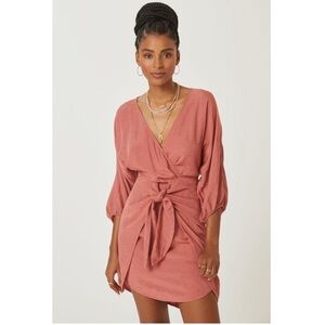 Anthropologie Puff-Sleeve‎ Wrap Mini Dress size 2 xs rose pink linen blend